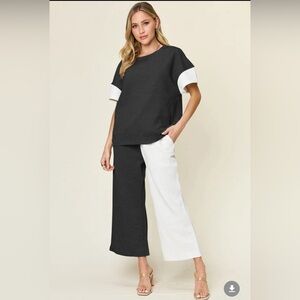 Texture Contrast T-Shirt and Wide Leg Pants Set